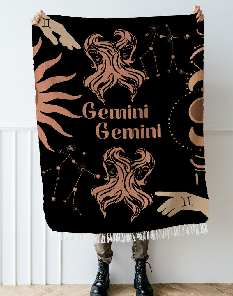 Gemini and Gemini Zodiac Compatibility Woven Throw Tapestry - Elevate home decor with this boho-inspired, celestial charm blanket. Perfect for astrology enthusiasts, featuring Gemini and Gemini sun signs, adding unique, artistic flair to your living space. Premium cotton, cozy, and decorative.