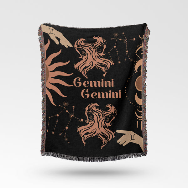 Gemini and Gemini Zodiac Compatibility Woven Throw Tapestry - Elevate home decor with this boho-inspired, celestial charm blanket. Perfect for astrology enthusiasts, featuring Gemini and Gemini sun signs, adding unique, artistic flair to your living space. Premium cotton, cozy, and decorative.