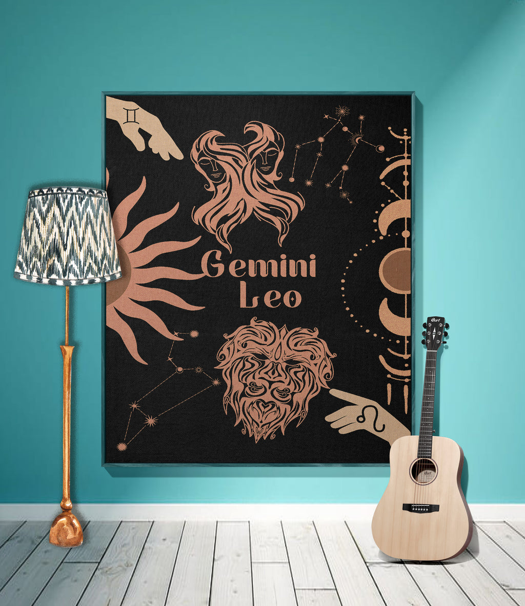 Gemini and Leo Zodiac Compatibility Woven Throw Tapestry - Elevate home decor with this boho-inspired, celestial charm blanket. Perfect for astrology enthusiasts, featuring Gemini and Leo sun signs, adding unique, artistic flair to your living space. Premium cotton, cozy, and decorative.
