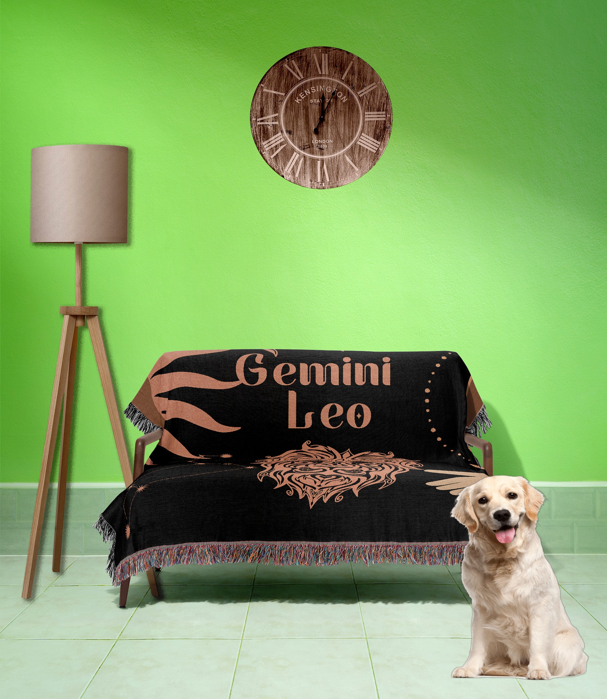 Gemini and Leo Zodiac Compatibility Woven Throw Tapestry - Elevate home decor with this boho-inspired, celestial charm blanket. Perfect for astrology enthusiasts, featuring Gemini and Leo sun signs, adding unique, artistic flair to your living space. Premium cotton, cozy, and decorative.