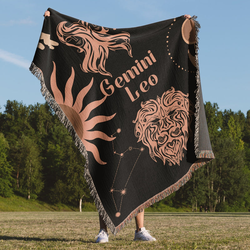 Gemini and Leo Zodiac Compatibility Woven Throw Tapestry - Elevate home decor with this boho-inspired, celestial charm blanket. Perfect for astrology enthusiasts, featuring Gemini and Leo sun signs, adding unique, artistic flair to your living space. Premium cotton, cozy, and decorative.