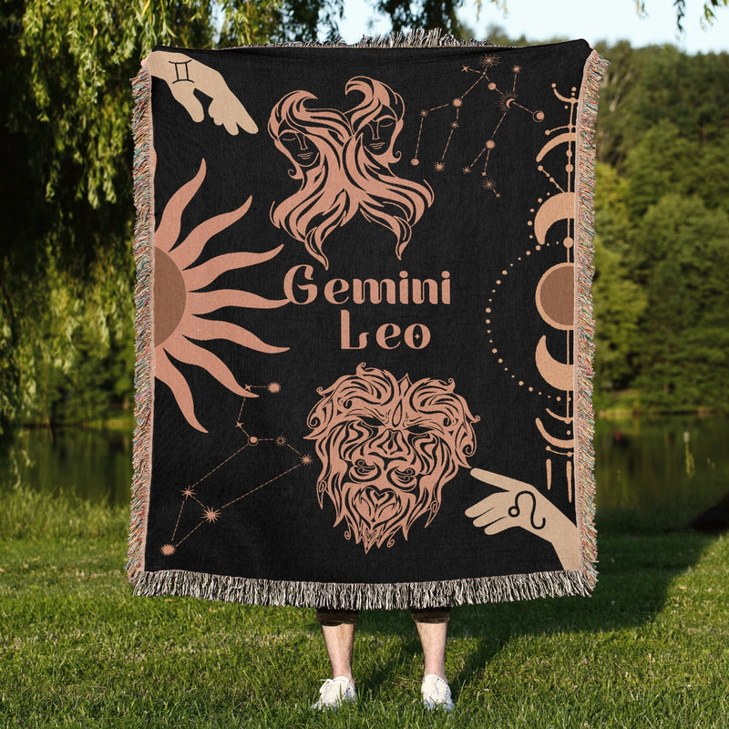 Gemini and Leo Zodiac Compatibility Woven Throw Tapestry - Elevate home decor with this boho-inspired, celestial charm blanket. Perfect for astrology enthusiasts, featuring Gemini and Leo sun signs, adding unique, artistic flair to your living space. Premium cotton, cozy, and decorative.