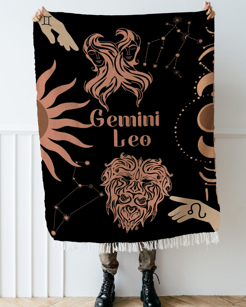 Gemini and Leo Zodiac Compatibility Woven Throw Tapestry - Elevate home decor with this boho-inspired, celestial charm blanket. Perfect for astrology enthusiasts, featuring Gemini and Leo sun signs, adding unique, artistic flair to your living space. Premium cotton, cozy, and decorative.