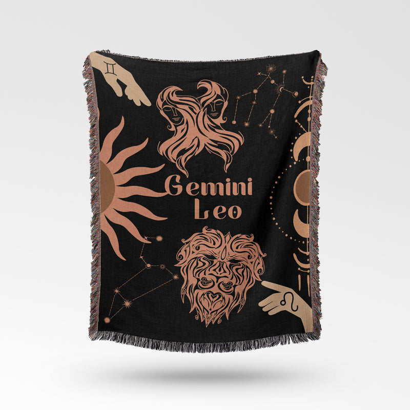 Gemini and Leo Zodiac Compatibility Woven Throw Tapestry - Elevate home decor with this boho-inspired, celestial charm blanket. Perfect for astrology enthusiasts, featuring Gemini and Leo sun signs, adding unique, artistic flair to your living space. Premium cotton, cozy, and decorative.