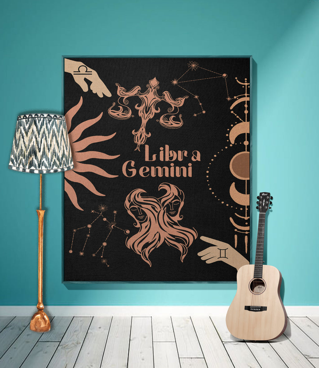 Gemini and Libra Zodiac Compatibility Woven Throw Tapestry - Elevate home decor with this boho-inspired, celestial charm blanket. Perfect for astrology enthusiasts, featuring Gemini and Libra sun signs, adding unique, artistic flair to your living space. Premium cotton, cozy, and decorative.