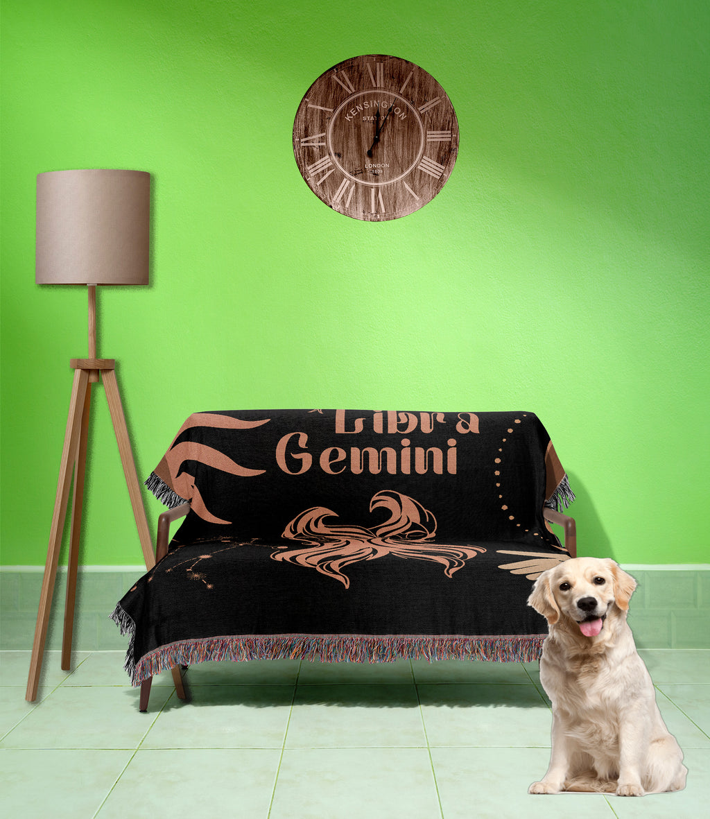 Gemini and Libra Zodiac Compatibility Woven Throw Tapestry - Elevate home decor with this boho-inspired, celestial charm blanket. Perfect for astrology enthusiasts, featuring Gemini and Libra sun signs, adding unique, artistic flair to your living space. Premium cotton, cozy, and decorative.