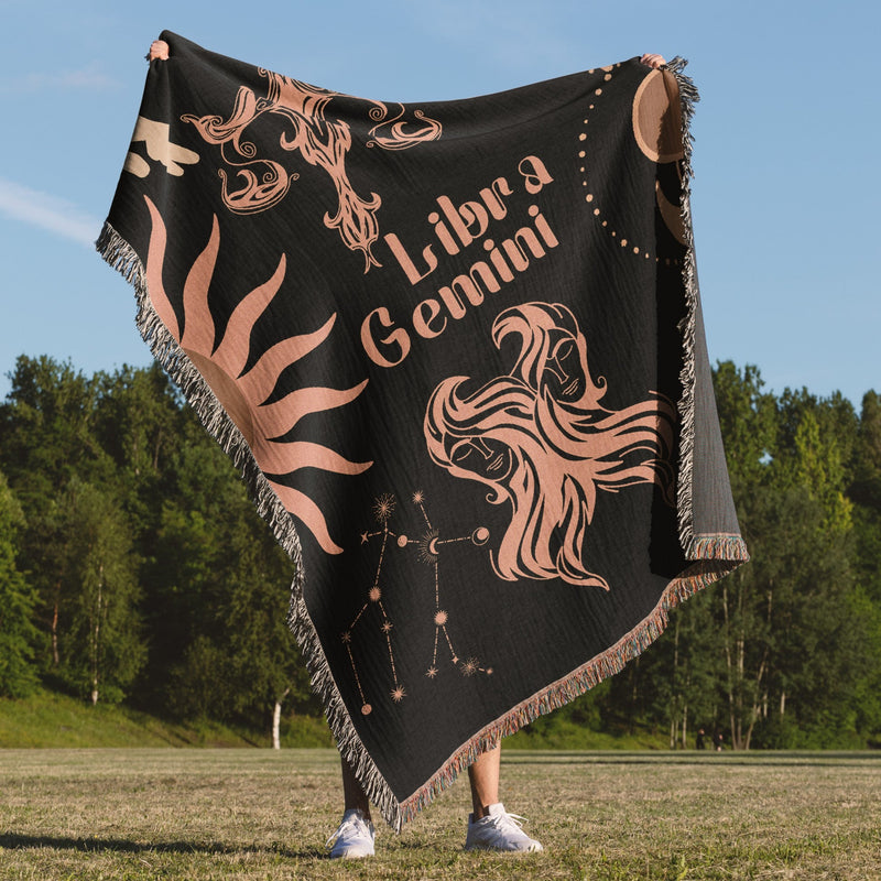 Gemini and Libra Zodiac Compatibility Woven Throw Tapestry - Elevate home decor with this boho-inspired, celestial charm blanket. Perfect for astrology enthusiasts, featuring Gemini and Libra sun signs, adding unique, artistic flair to your living space. Premium cotton, cozy, and decorative.