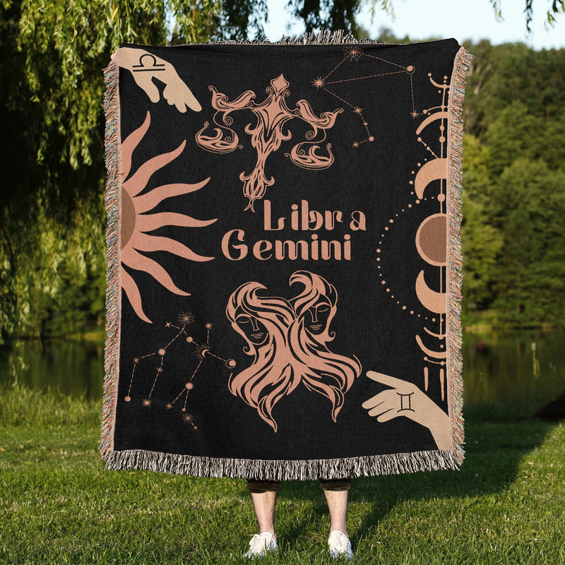 Gemini and Libra Zodiac Compatibility Woven Throw Tapestry - Elevate home decor with this boho-inspired, celestial charm blanket. Perfect for astrology enthusiasts, featuring Gemini and Libra sun signs, adding unique, artistic flair to your living space. Premium cotton, cozy, and decorative.