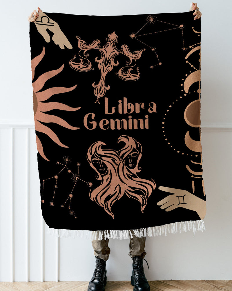 Gemini and Libra Zodiac Compatibility Woven Throw Tapestry - Elevate home decor with this boho-inspired, celestial charm blanket. Perfect for astrology enthusiasts, featuring Gemini and Libra sun signs, adding unique, artistic flair to your living space. Premium cotton, cozy, and decorative.