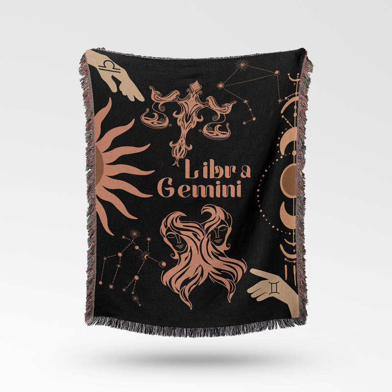 Gemini and Libra Zodiac Compatibility Woven Throw Tapestry - Elevate home decor with this boho-inspired, celestial charm blanket. Perfect for astrology enthusiasts, featuring Gemini and Libra sun signs, adding unique, artistic flair to your living space. Premium cotton, cozy, and decorative.