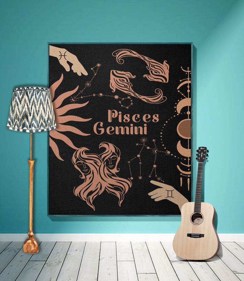 Gemini and Pisces Zodiac Compatibility Woven Throw Tapestry - Elevate home decor with this boho-inspired, celestial charm blanket. Perfect for astrology enthusiasts, featuring Gemini and Pisces sun signs, adding unique, artistic flair to your living space. Premium cotton, cozy, and decorative.