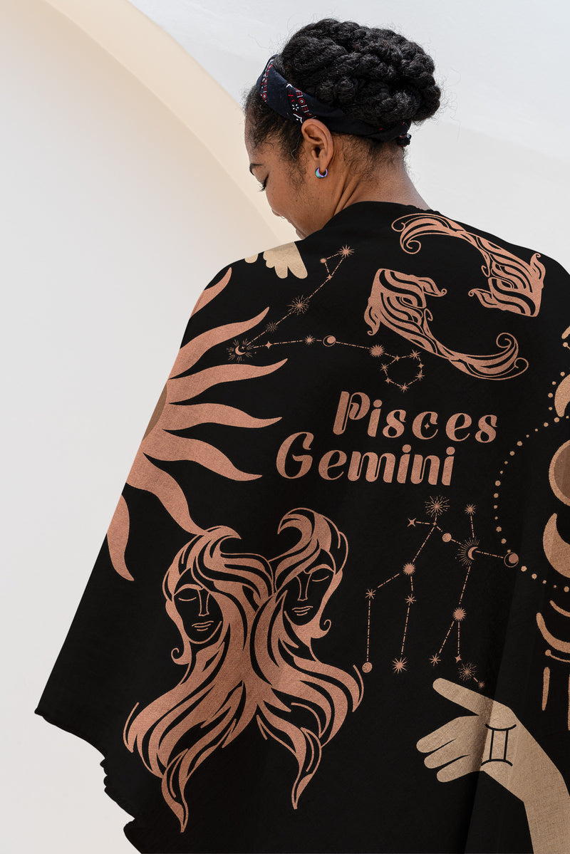 Gemini and Pisces Zodiac Compatibility Woven Throw Tapestry - Elevate home decor with this boho-inspired, celestial charm blanket. Perfect for astrology enthusiasts, featuring Gemini and Pisces sun signs, adding unique, artistic flair to your living space. Premium cotton, cozy, and decorative.