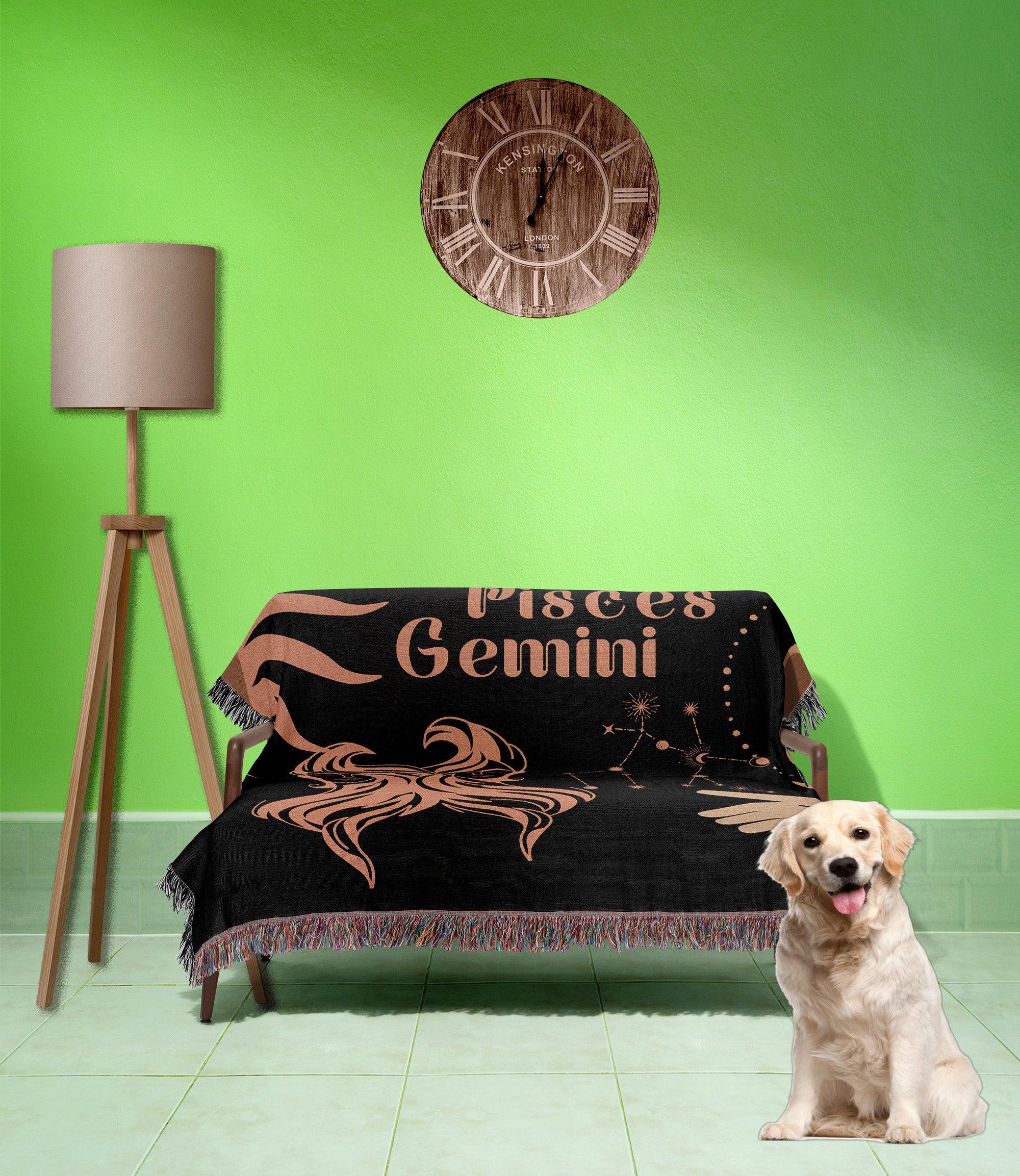 Gemini and Pisces Zodiac Compatibility Woven Throw Tapestry - Elevate home decor with this boho-inspired, celestial charm blanket. Perfect for astrology enthusiasts, featuring Gemini and Pisces sun signs, adding unique, artistic flair to your living space. Premium cotton, cozy, and decorative.