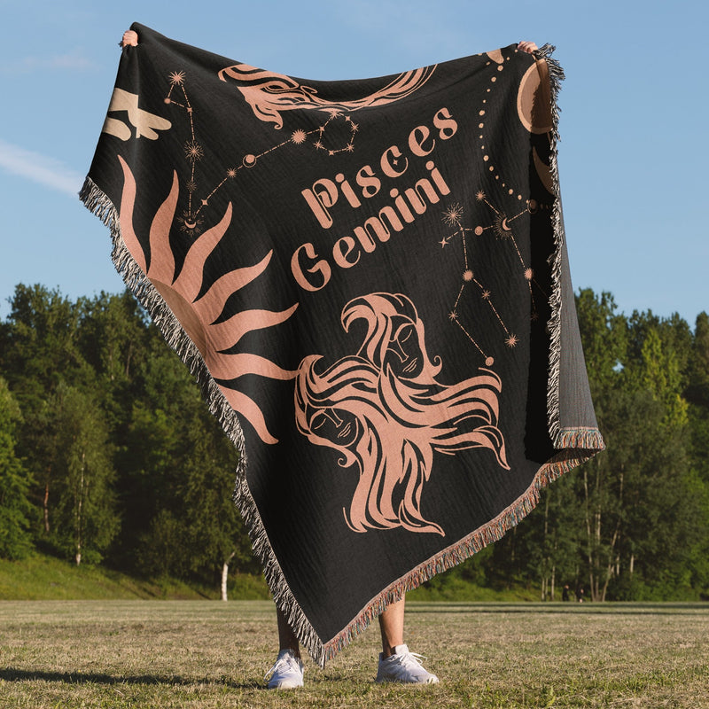 Gemini and Pisces Zodiac Compatibility Woven Throw Tapestry - Elevate home decor with this boho-inspired, celestial charm blanket. Perfect for astrology enthusiasts, featuring Gemini and Pisces sun signs, adding unique, artistic flair to your living space. Premium cotton, cozy, and decorative.