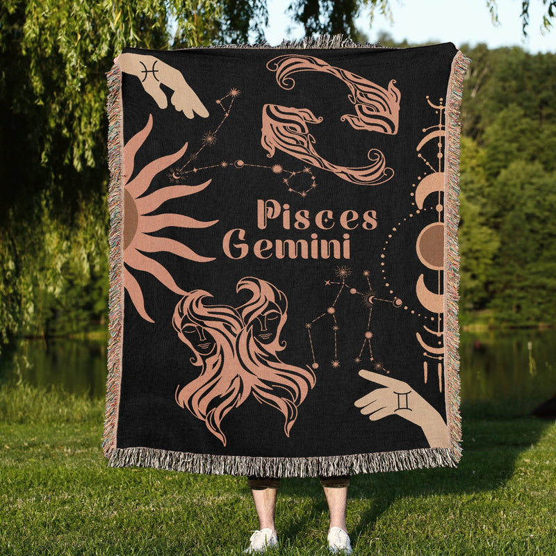 Gemini and Pisces Zodiac Compatibility Woven Throw Tapestry - Elevate home decor with this boho-inspired, celestial charm blanket. Perfect for astrology enthusiasts, featuring Gemini and Pisces sun signs, adding unique, artistic flair to your living space. Premium cotton, cozy, and decorative.