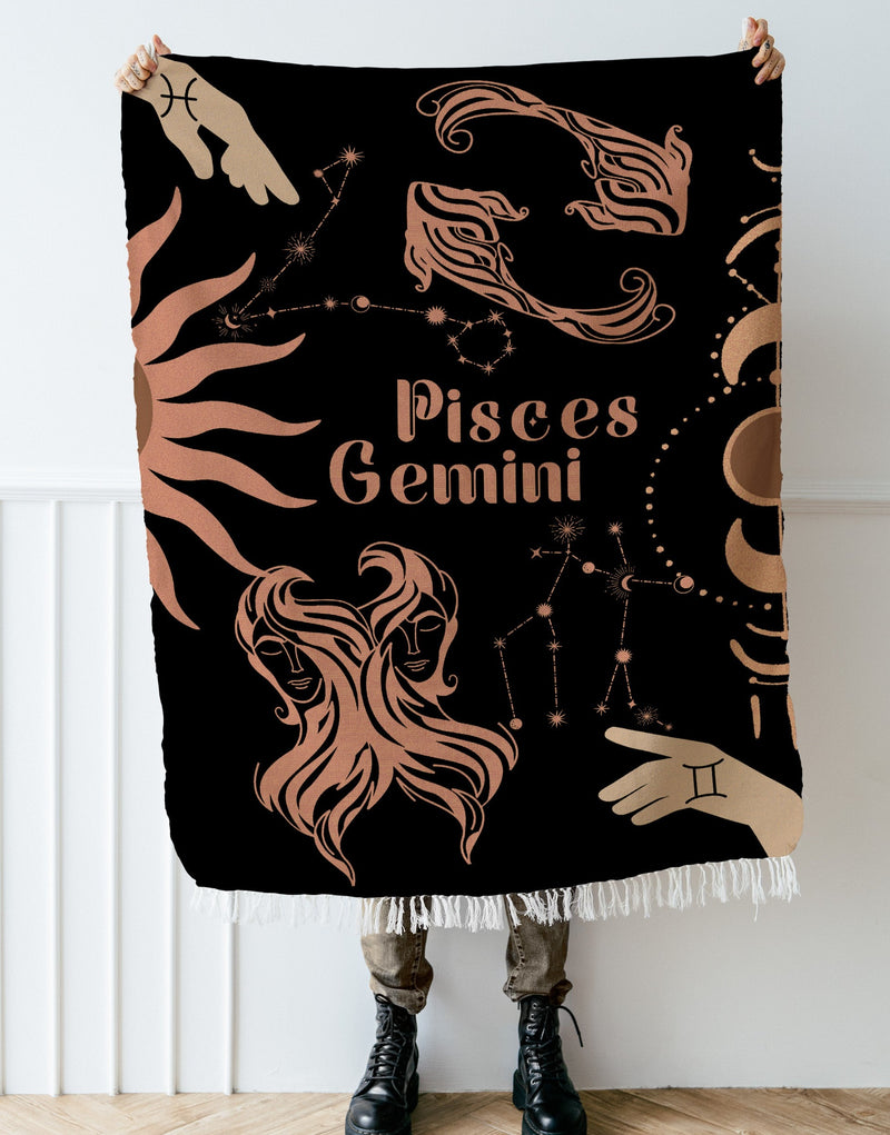 Gemini and Pisces Zodiac Compatibility Woven Throw Tapestry - Elevate home decor with this boho-inspired, celestial charm blanket. Perfect for astrology enthusiasts, featuring Gemini and Pisces sun signs, adding unique, artistic flair to your living space. Premium cotton, cozy, and decorative.