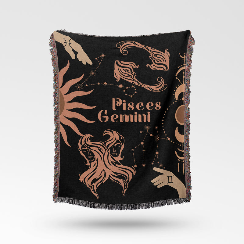 Gemini and Pisces Zodiac Compatibility Woven Throw Tapestry - Elevate home decor with this boho-inspired, celestial charm blanket. Perfect for astrology enthusiasts, featuring Gemini and Pisces sun signs, adding unique, artistic flair to your living space. Premium cotton, cozy, and decorative.