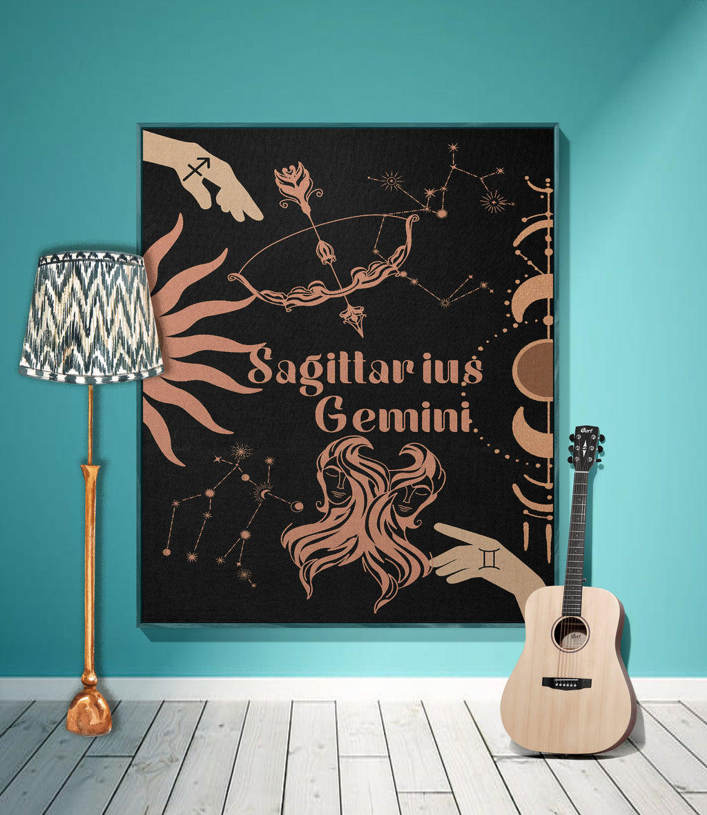 Gemini and Sagittarius Zodiac Compatibility Woven Throw Tapestry - Elevate home decor with this boho-inspired, celestial charm blanket. Perfect for astrology enthusiasts, featuring Gemini and Sagittarius sun signs, adding unique, artistic flair to your living space. Premium cotton, cozy, and decorative.