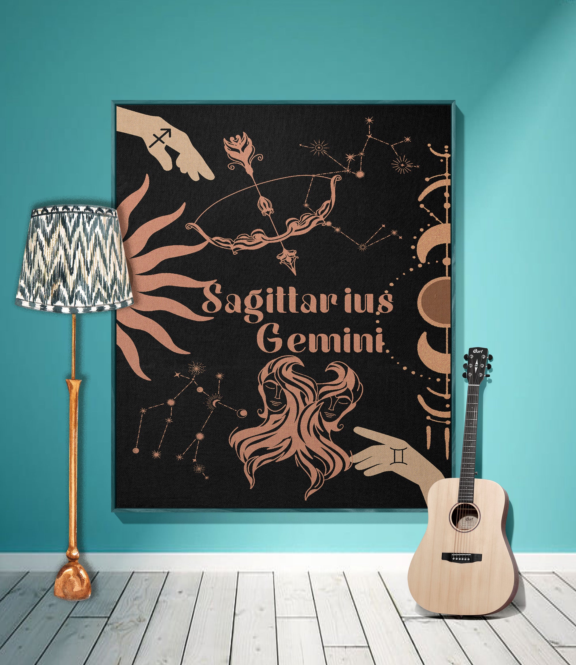 Gemini and Sagittarius Zodiac Compatibility Woven Throw Tapestry - Elevate home decor with this boho-inspired, celestial charm blanket. Perfect for astrology enthusiasts, featuring Gemini and Sagittarius sun signs, adding unique, artistic flair to your living space. Premium cotton, cozy, and decorative.