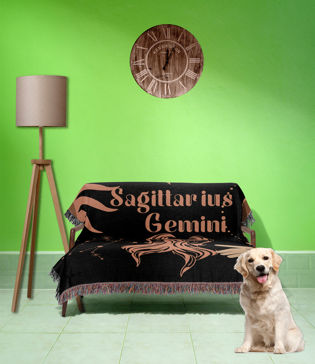 Gemini and Sagittarius Zodiac Compatibility Woven Throw Tapestry - Elevate home decor with this boho-inspired, celestial charm blanket. Perfect for astrology enthusiasts, featuring Gemini and Sagittarius sun signs, adding unique, artistic flair to your living space. Premium cotton, cozy, and decorative.