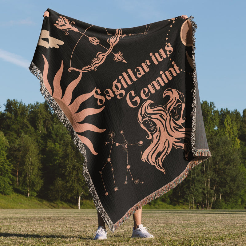 Gemini and Sagittarius Zodiac Compatibility Woven Throw Tapestry - Elevate home decor with this boho-inspired, celestial charm blanket. Perfect for astrology enthusiasts, featuring Gemini and Sagittarius sun signs, adding unique, artistic flair to your living space. Premium cotton, cozy, and decorative.