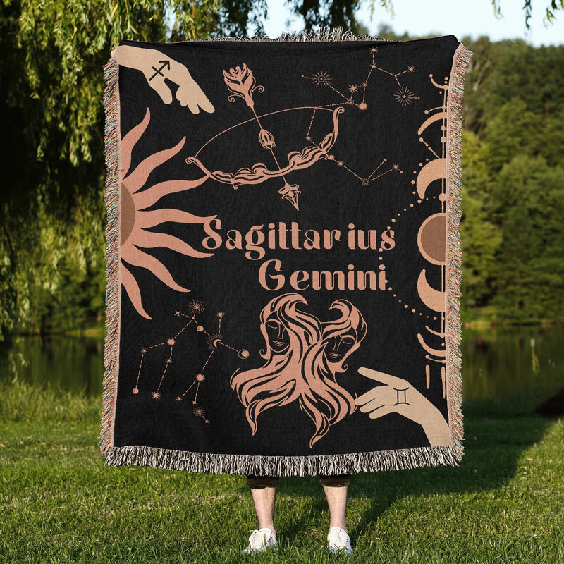 Gemini and Sagittarius Zodiac Compatibility Woven Throw Tapestry - Elevate home decor with this boho-inspired, celestial charm blanket. Perfect for astrology enthusiasts, featuring Gemini and Sagittarius sun signs, adding unique, artistic flair to your living space. Premium cotton, cozy, and decorative.