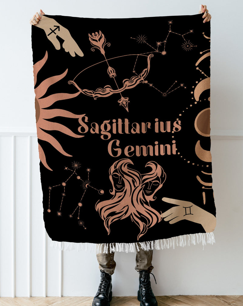 Gemini and Sagittarius Zodiac Compatibility Woven Throw Tapestry - Elevate home decor with this boho-inspired, celestial charm blanket. Perfect for astrology enthusiasts, featuring Gemini and Sagittarius sun signs, adding unique, artistic flair to your living space. Premium cotton, cozy, and decorative.