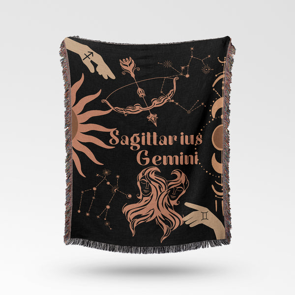 Gemini and Sagittarius Zodiac Compatibility Woven Throw Tapestry - Elevate home decor with this boho-inspired, celestial charm blanket. Perfect for astrology enthusiasts, featuring Gemini and Sagittarius sun signs, adding unique, artistic flair to your living space. Premium cotton, cozy, and decorative.