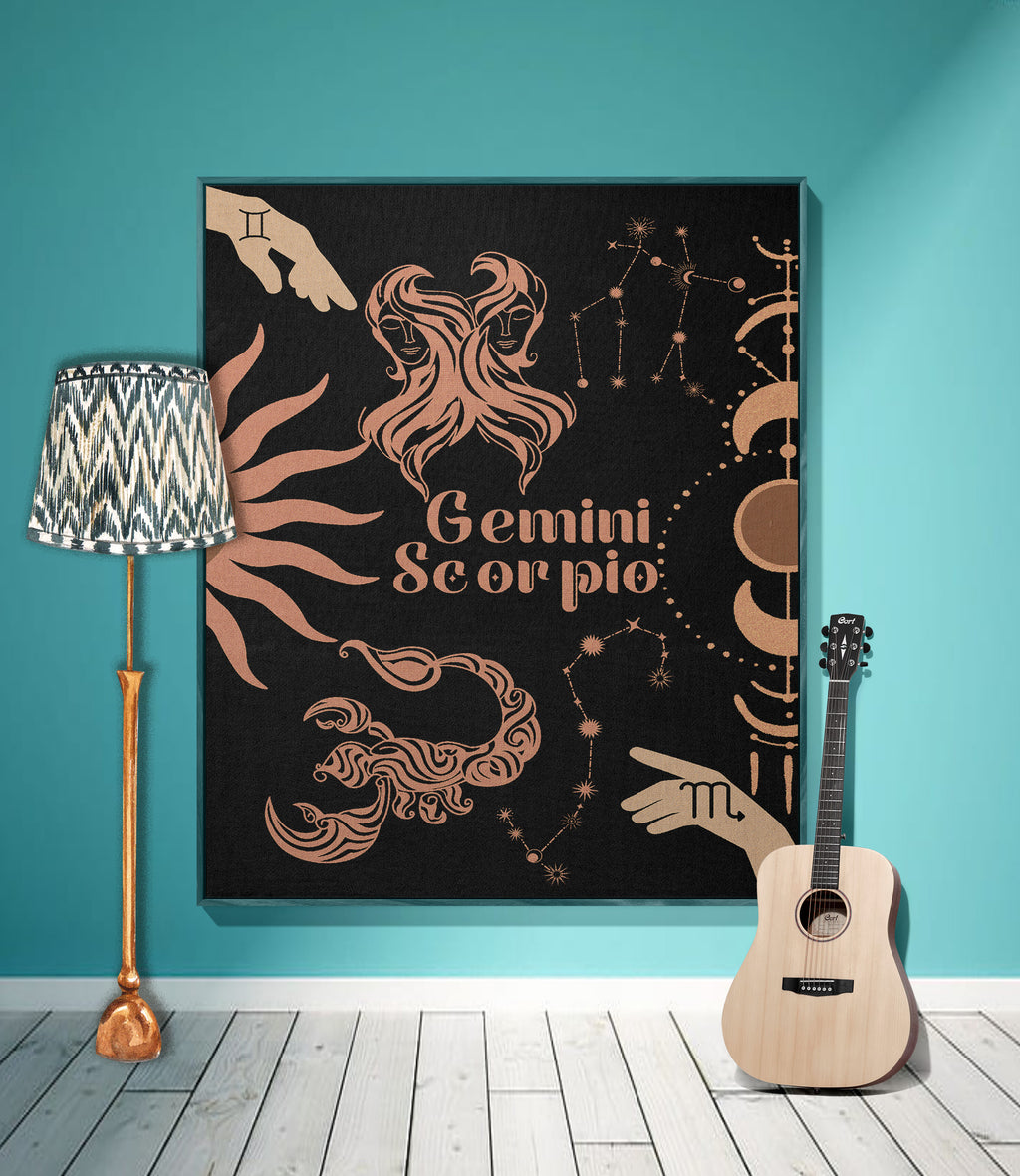 Gemini and Scorpio Zodiac Compatibility Woven Throw Tapestry - Elevate home decor with this boho-inspired, celestial charm blanket. Perfect for astrology enthusiasts, featuring Gemini and Scorpio sun signs, adding unique, artistic flair to your living space. Premium cotton, cozy, and decorative.
