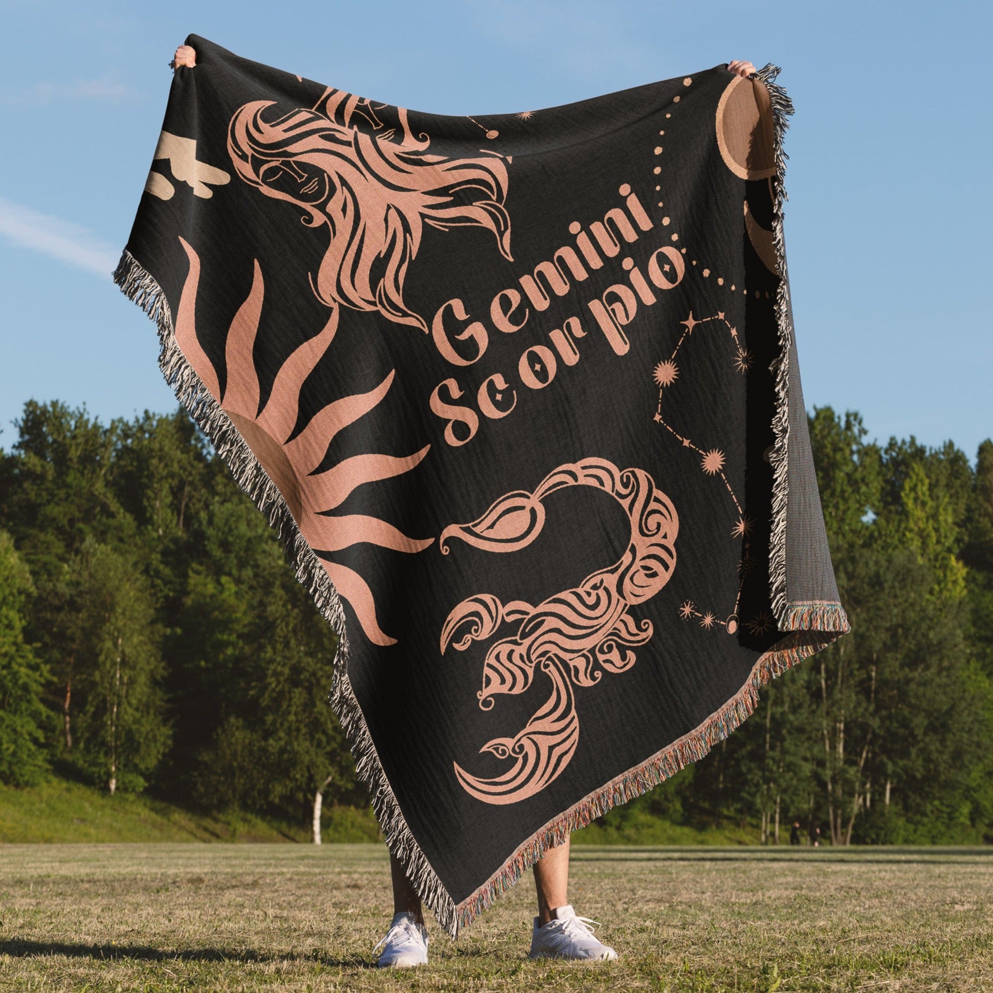 Gemini and Scorpio Zodiac Compatibility Woven Throw Tapestry - Elevate home decor with this boho-inspired, celestial charm blanket. Perfect for astrology enthusiasts, featuring Gemini and Scorpio sun signs, adding unique, artistic flair to your living space. Premium cotton, cozy, and decorative.