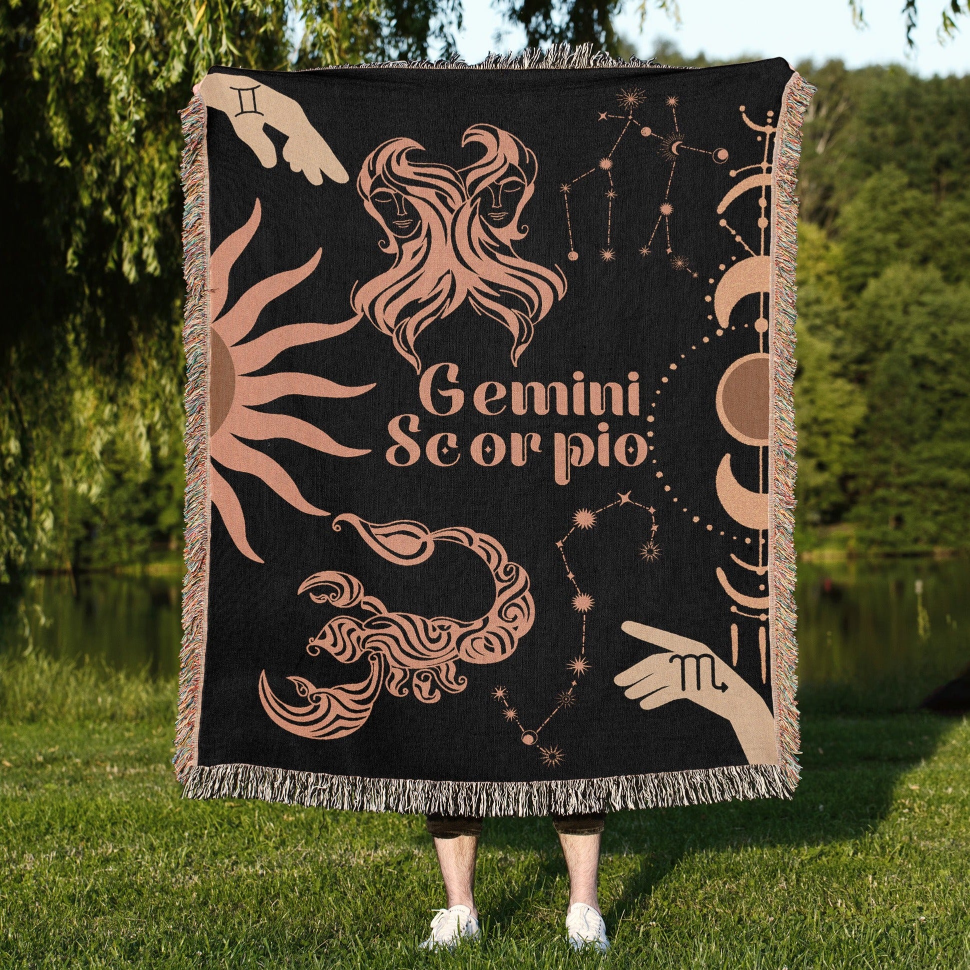Gemini and Scorpio Zodiac Compatibility Woven Throw Tapestry - Elevate home decor with this boho-inspired, celestial charm blanket. Perfect for astrology enthusiasts, featuring Gemini and Scorpio sun signs, adding unique, artistic flair to your living space. Premium cotton, cozy, and decorative.