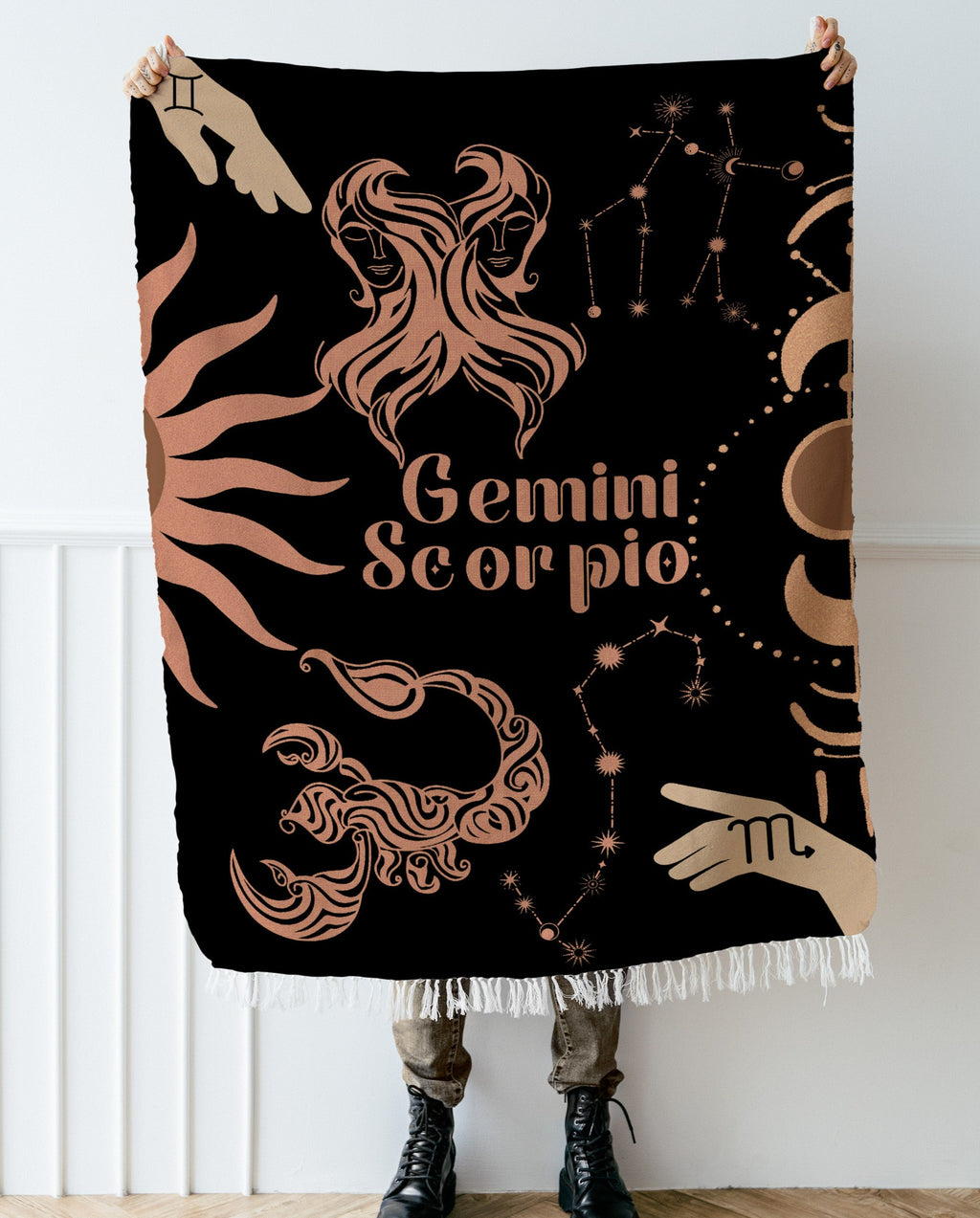 Gemini and Scorpio Zodiac Compatibility Woven Throw Tapestry - Elevate home decor with this boho-inspired, celestial charm blanket. Perfect for astrology enthusiasts, featuring Gemini and Scorpio sun signs, adding unique, artistic flair to your living space. Premium cotton, cozy, and decorative.