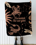 Gemini and Scorpio Zodiac Compatibility Woven Throw Tapestry - Elevate home decor with this boho-inspired, celestial charm blanket. Perfect for astrology enthusiasts, featuring Gemini and Scorpio sun signs, adding unique, artistic flair to your living space. Premium cotton, cozy, and decorative.