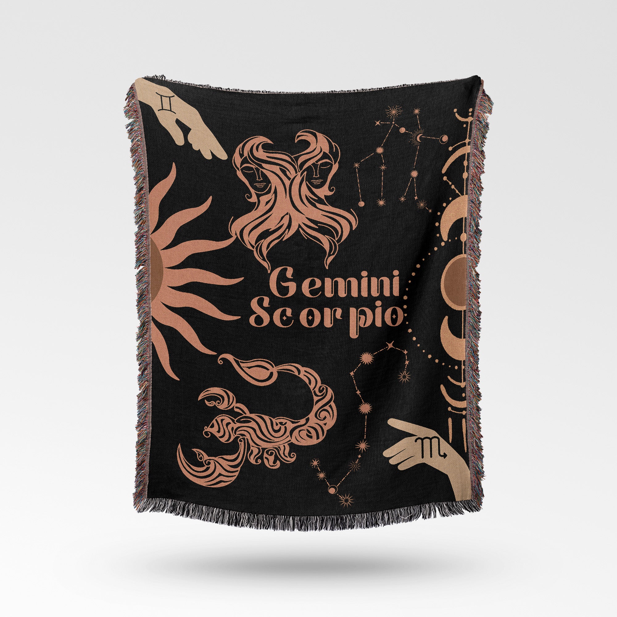 Gemini and Scorpio Zodiac Compatibility Woven Throw Tapestry - Elevate home decor with this boho-inspired, celestial charm blanket. Perfect for astrology enthusiasts, featuring Gemini and Scorpio sun signs, adding unique, artistic flair to your living space. Premium cotton, cozy, and decorative.