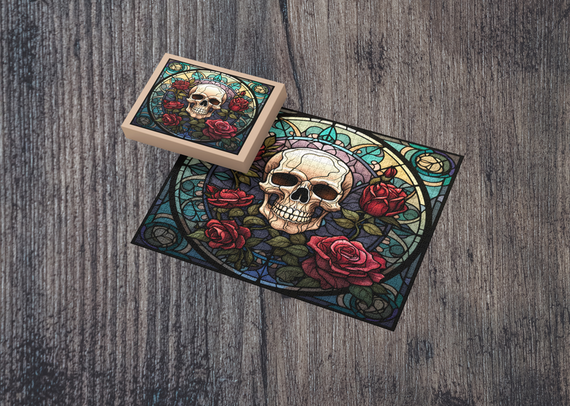 Rectangle Puzzles for All Ages – High-Quality, Durable, and Fun Jigsaw with Precision Laser-Cut Pieces | Stained Glass Art -Gothic Skull