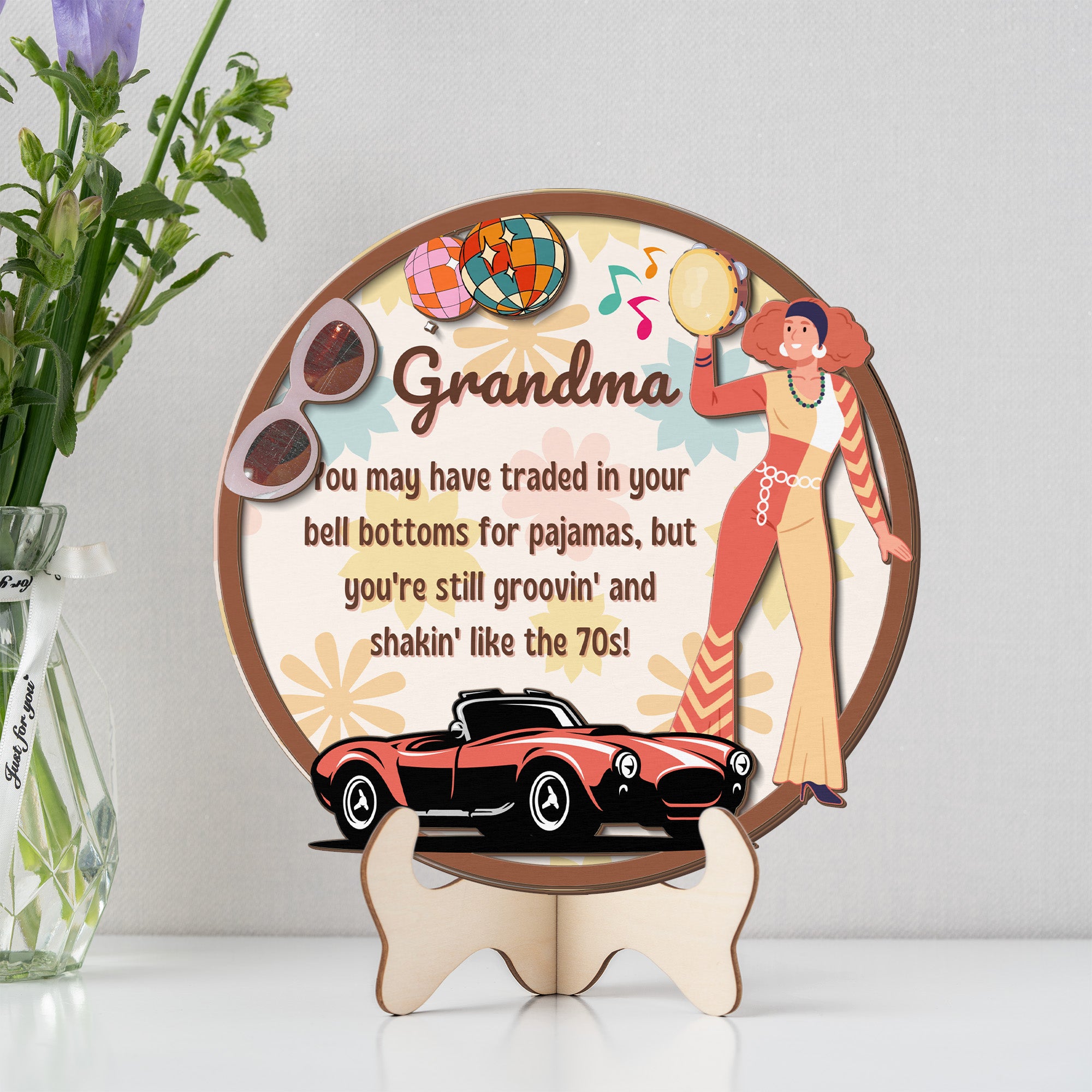 Grandparents day gift | Retro Vintage Cute and Funny Gift for Grand Ma | 2-layer Wooden Sign | Bell Bottoms
