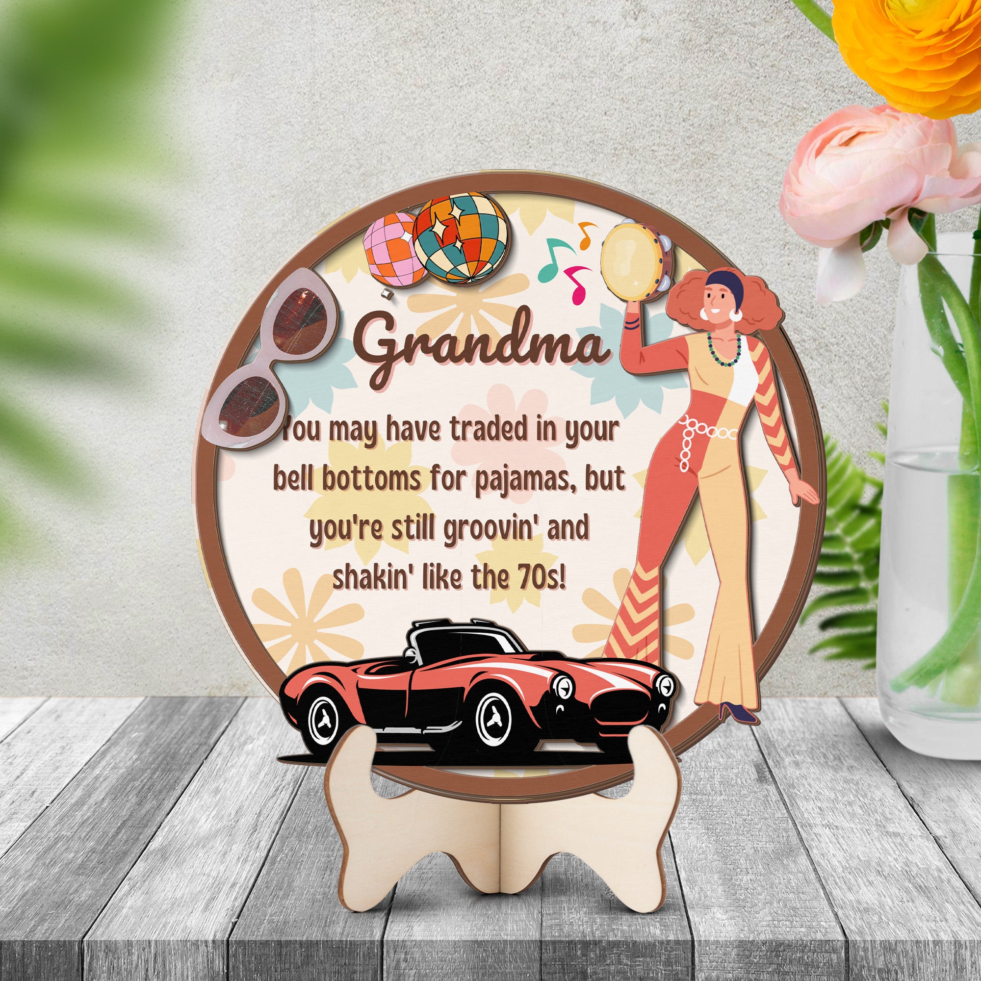 Grandparents day gift | Retro Vintage Cute and Funny Gift for Grand Ma | 2-layer Wooden Sign | Bell Bottoms