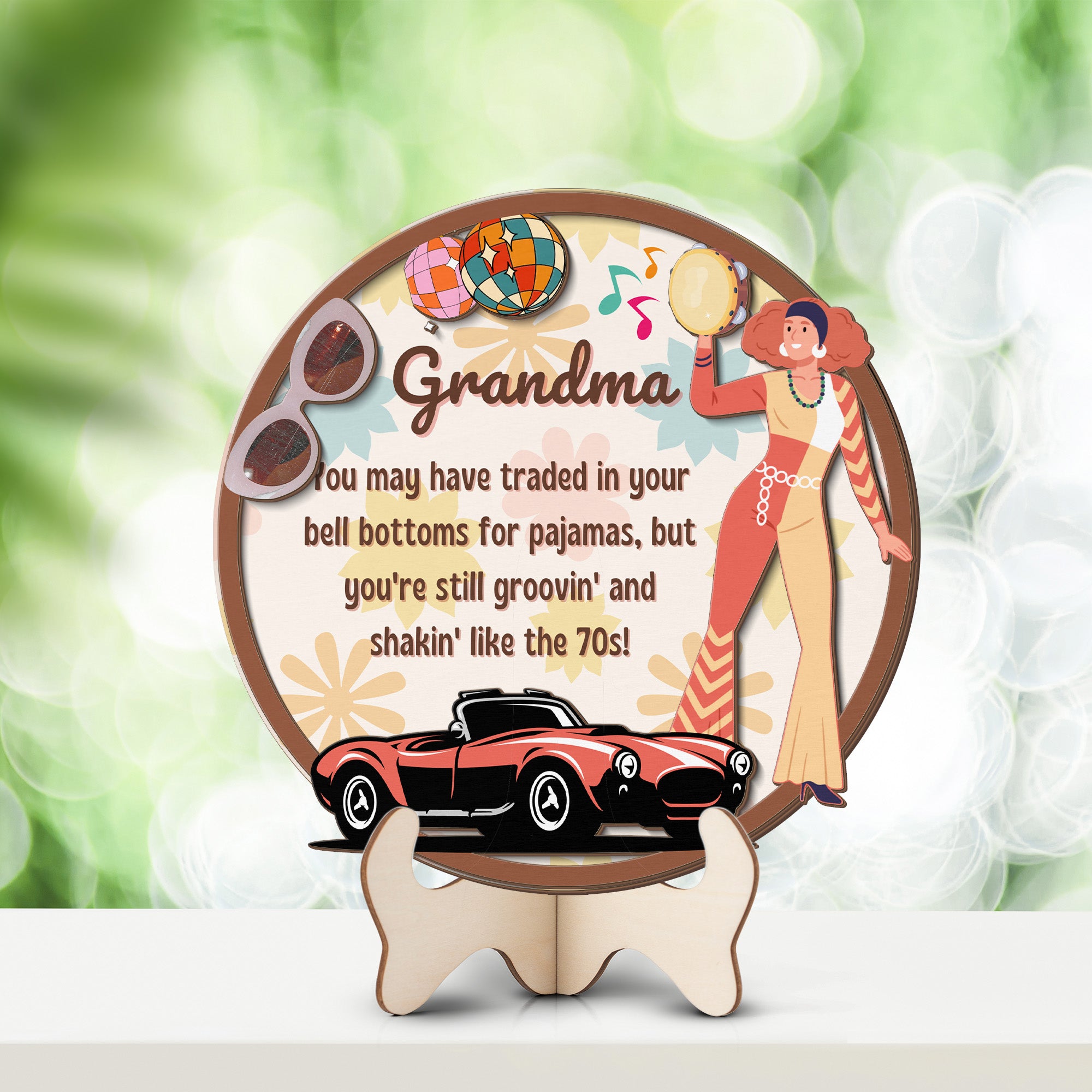 Grandparents day gift | Retro Vintage Cute and Funny Gift for Grand Ma | 2-layer Wooden Sign | Bell Bottoms