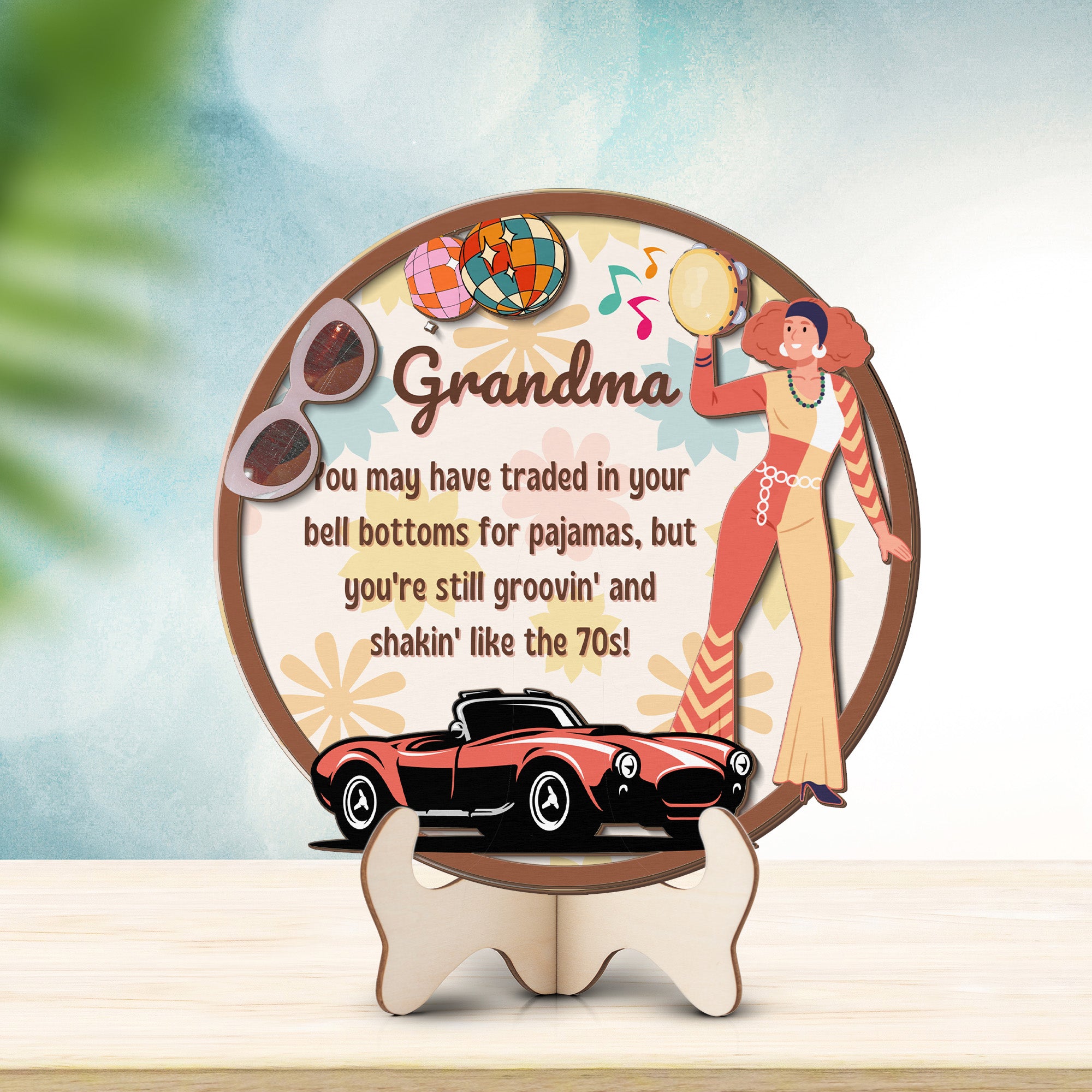 Grandparents day gift | Retro Vintage Cute and Funny Gift for Grand Ma | 2-layer Wooden Sign | Bell Bottoms
