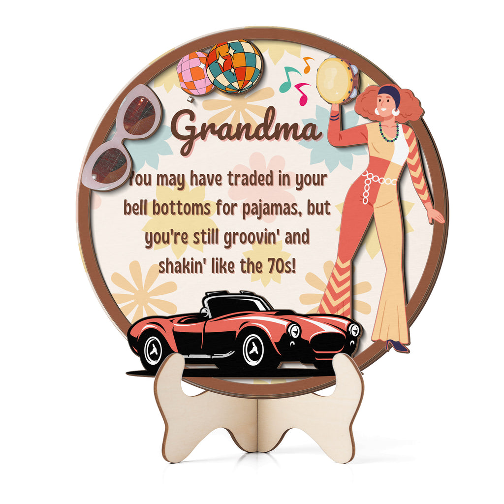 Retro Grandma Bell Bottoms wooden sign with colorful 70s design