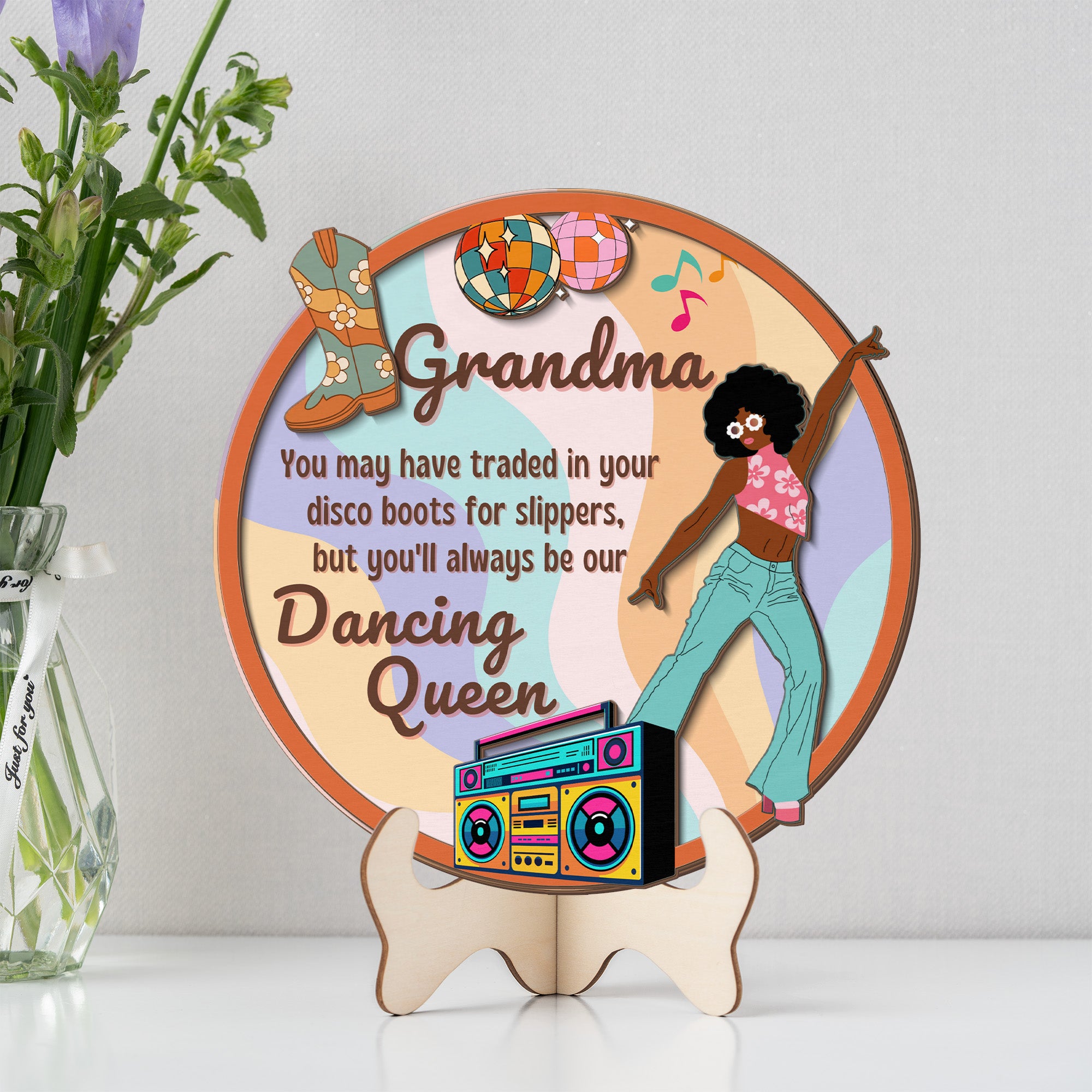 Grandparents day gift | Retro Vintage Cute and Funny Gift for Grand Ma | 2-layer Wooden Sign | Dancing Queen