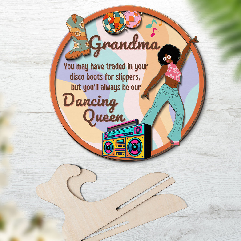 Two-layer wooden sign for Grandma with colorful 70s disco design