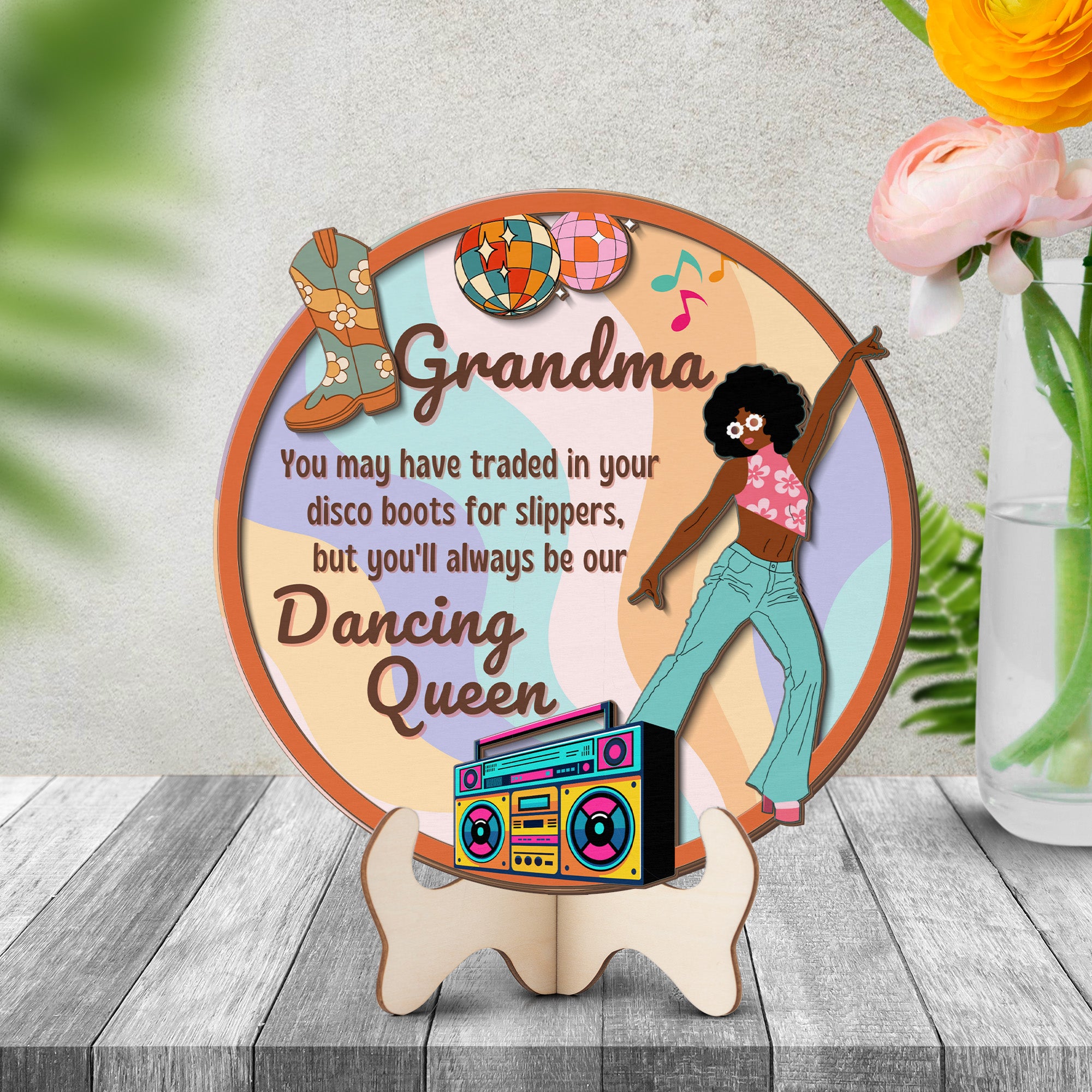 Grandparents day gift | Retro Vintage Cute and Funny Gift for Grand Ma | 2-layer Wooden Sign | Dancing Queen