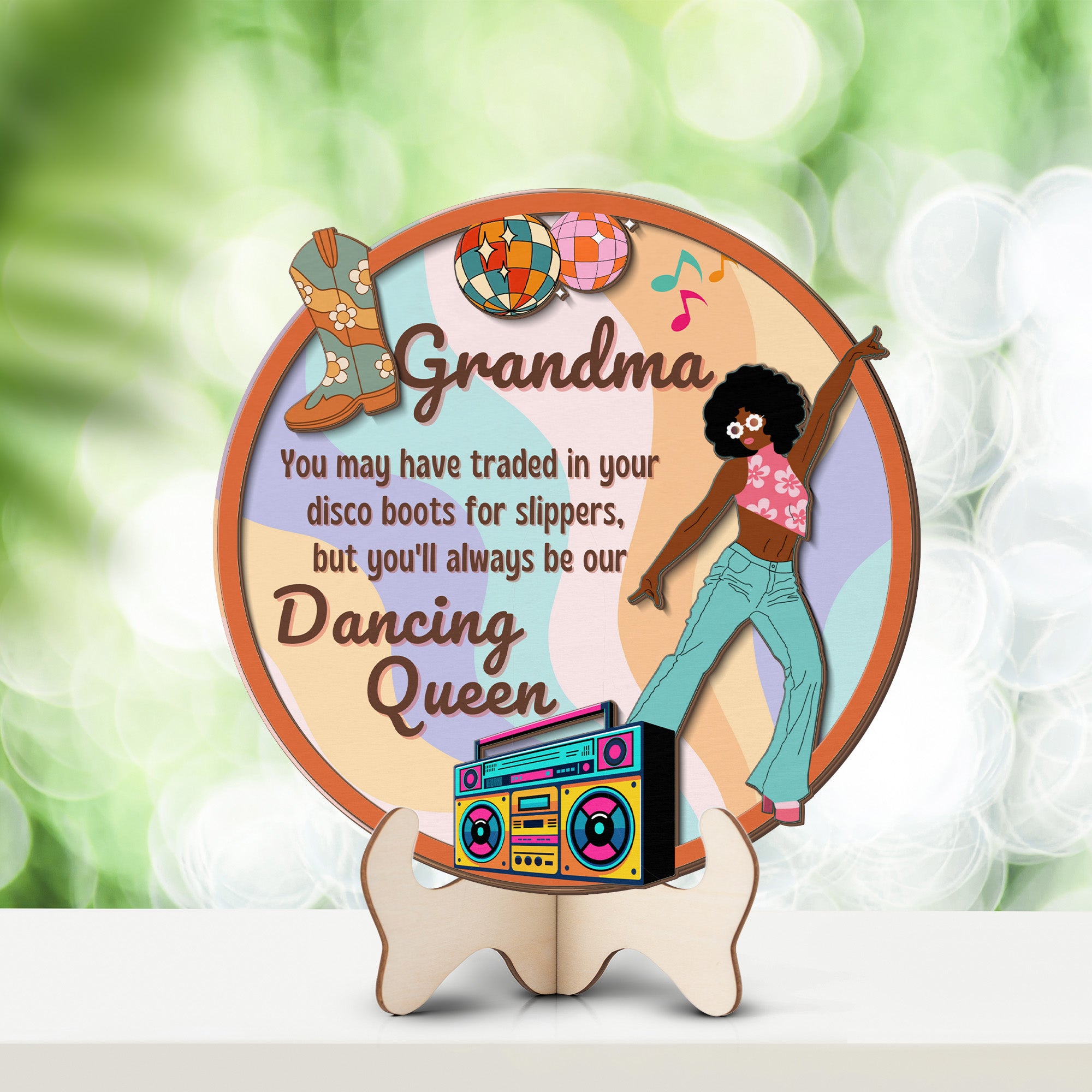 Grandparents day gift | Retro Vintage Cute and Funny Gift for Grand Ma | 2-layer Wooden Sign | Dancing Queen