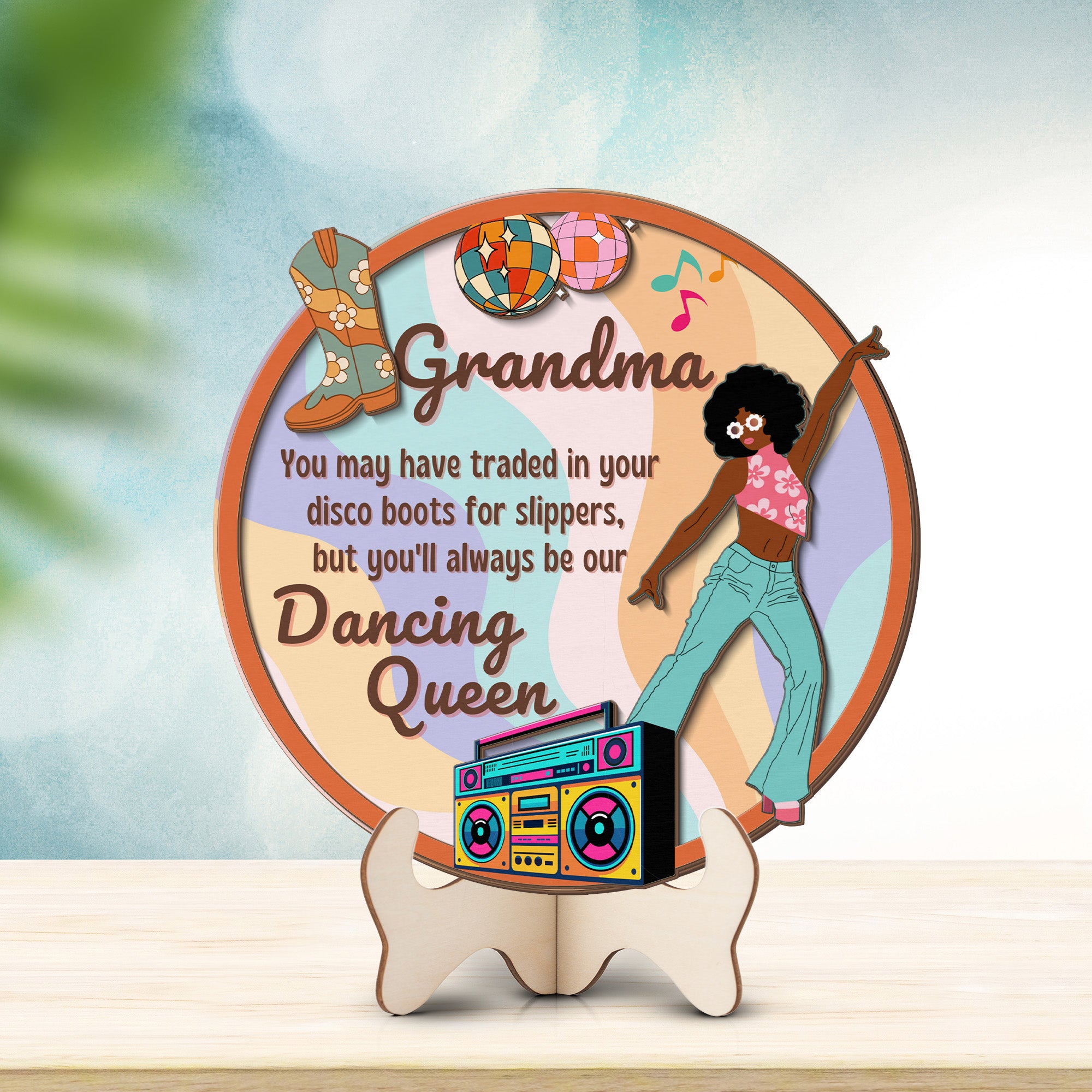 Grandparents day gift | Retro Vintage Cute and Funny Gift for Grand Ma | 2-layer Wooden Sign | Dancing Queen