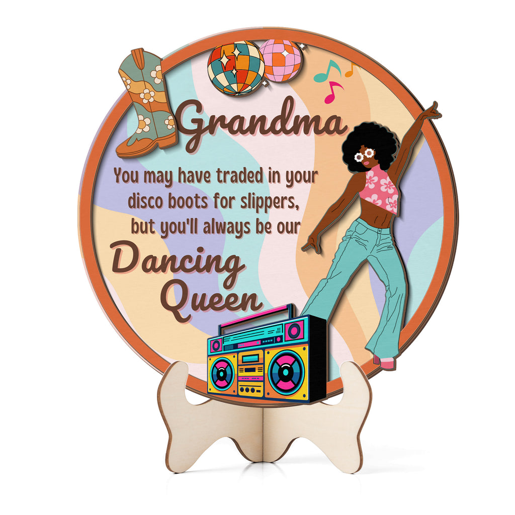 Retro Grandma Dancing Queen wooden sign with disco-inspired artwork