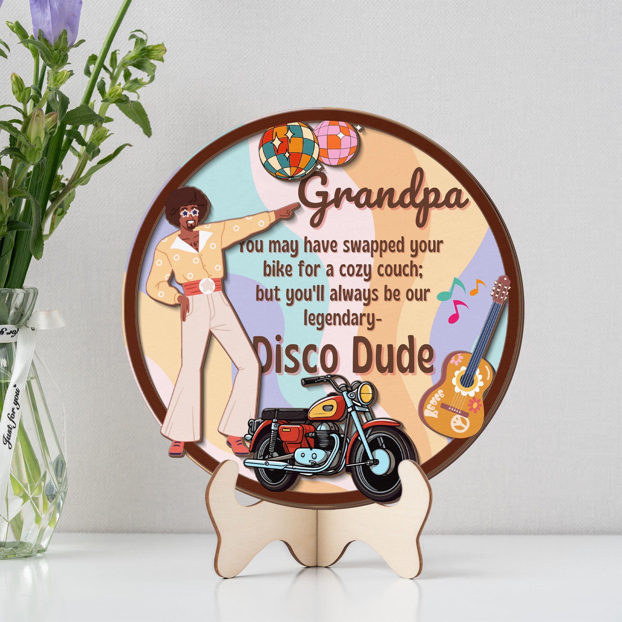 Grandparents day gift | Retro Vintage Cute and Funny Gift for Grand Pa | 2-layer Wooden Sign | Disco Dude