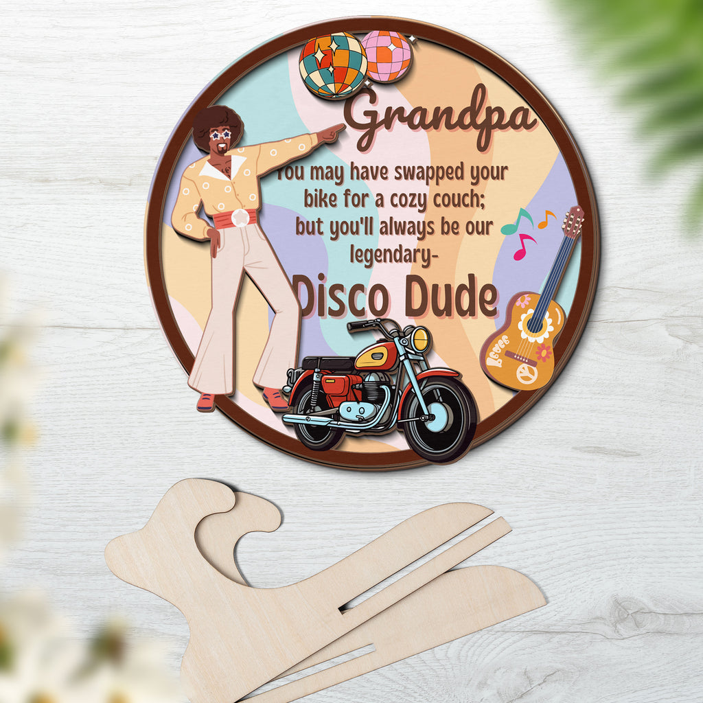 Two-layer wooden sign for Grandpa with disco and motorcycle theme