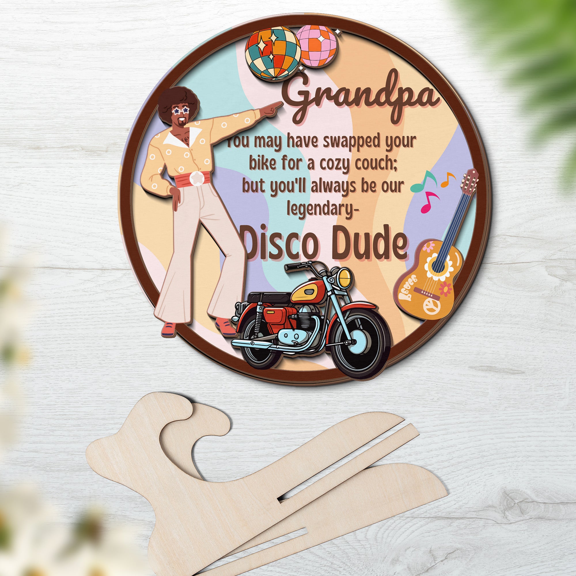 Grandparents day gift | Retro Vintage Cute and Funny Gift for Grand Pa | 2-layer Wooden Sign | Disco Dude