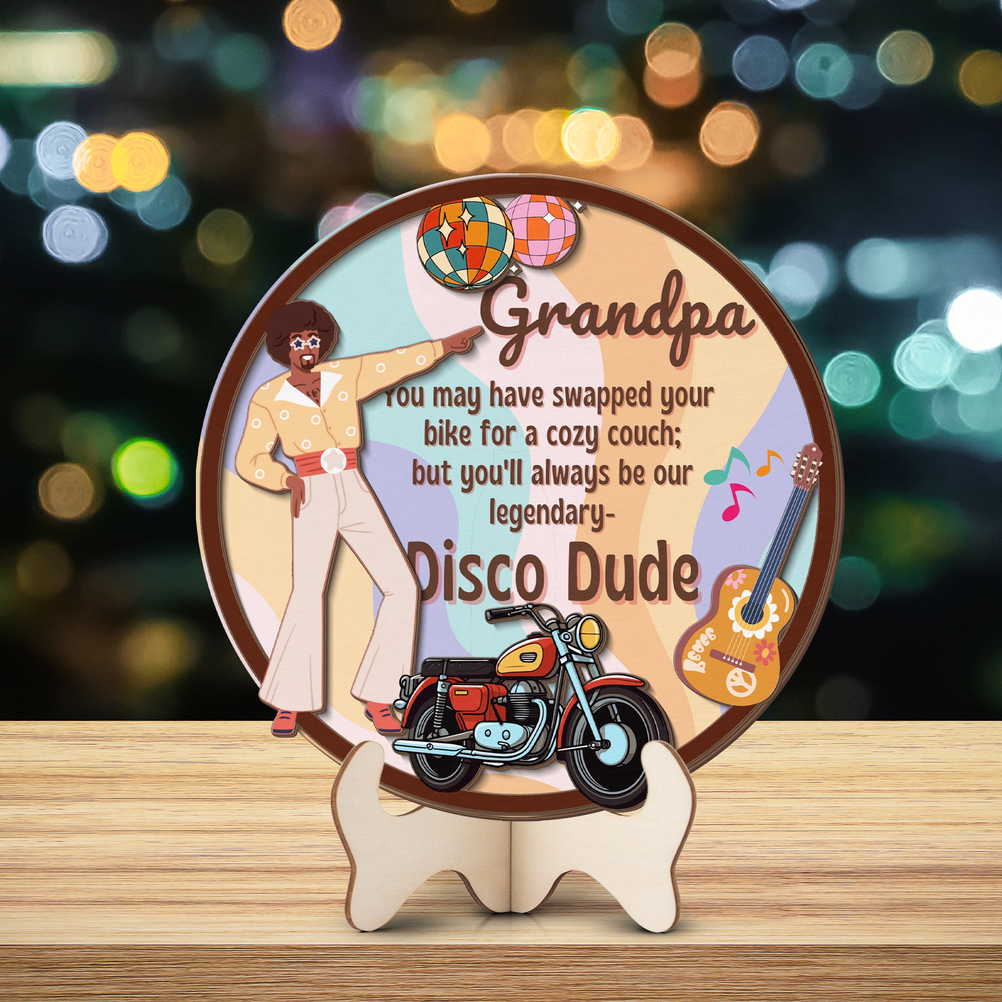 Grandparents day gift | Retro Vintage Cute and Funny Gift for Grand Pa | 2-layer Wooden Sign | Disco Dude